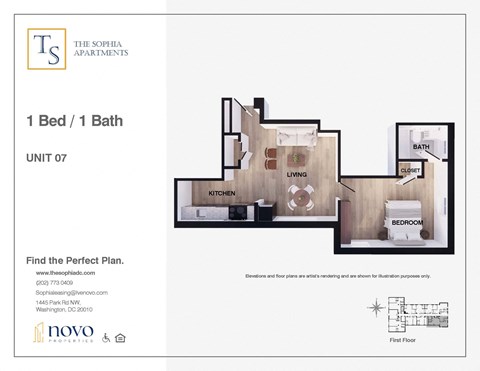 A drawing of a one bedroom apartment is shown.